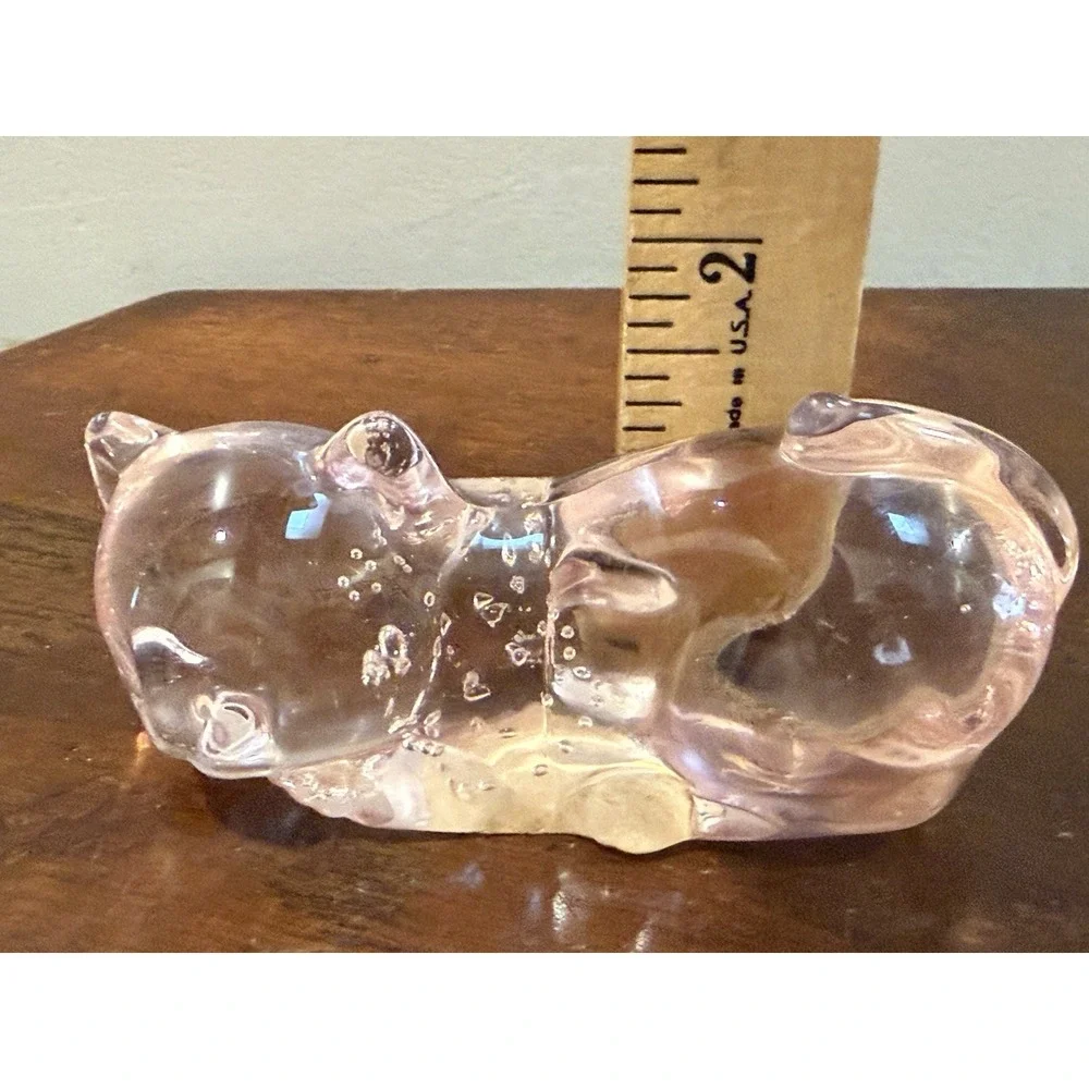 Vintage Pink Art Glass Sleeping Cat Figurine Controlled Bubbles West Dist Co 4